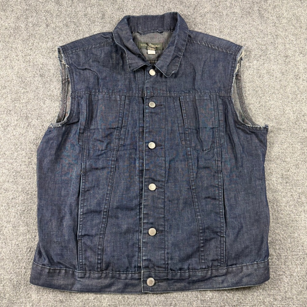Banana Republic Denim Vest Mens Large Blue Cotton Linen Raw‎ Edge Biker Trucker